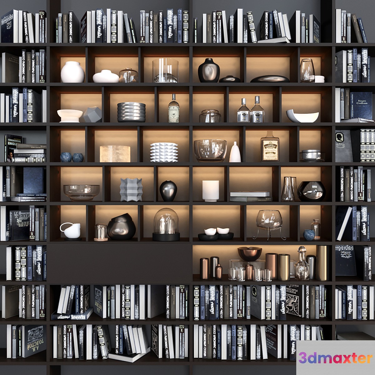 Large bookcase with books and decor 3D Max