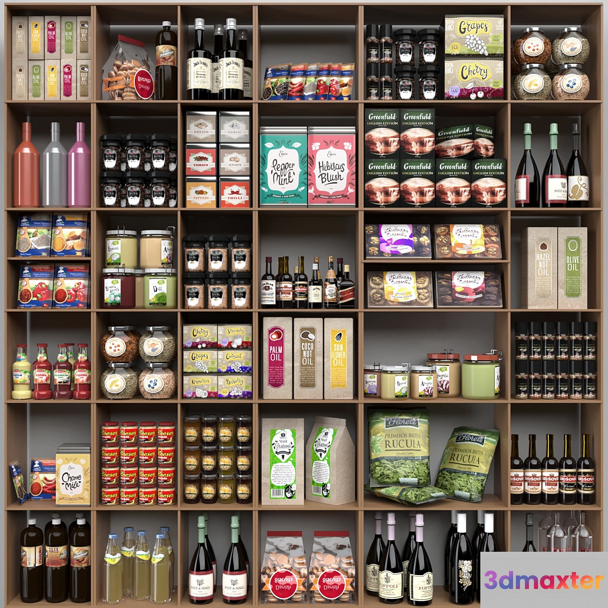 Showcase with spices sauces in a supermarket or home pantry