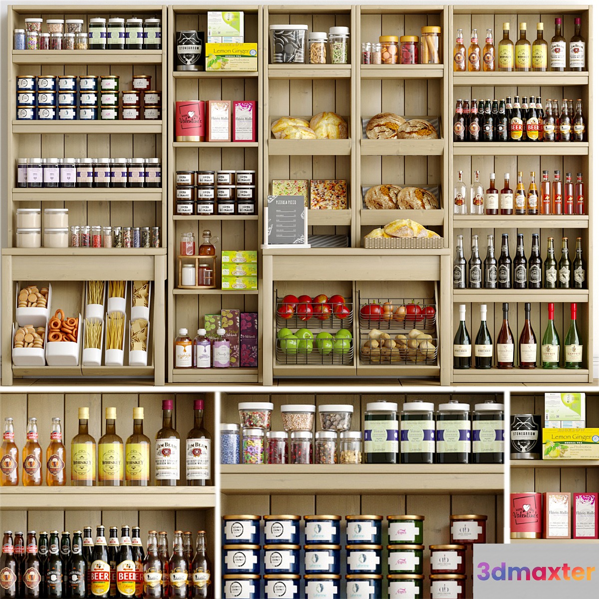 Rack with spices alcohol and pastries in the supermarket