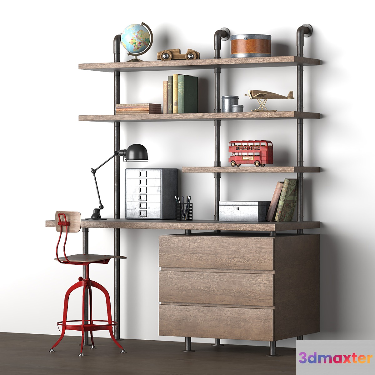 INDUSTRIAL PIPE SINGLE DESK & SHELVING WITH DRAWERS 3D Max