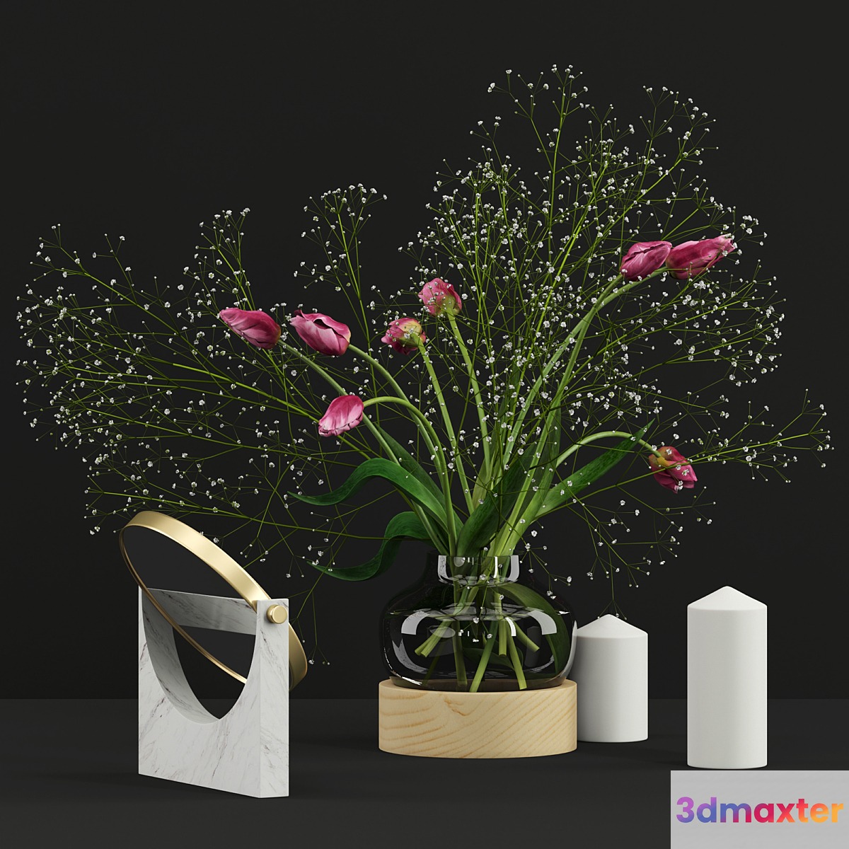 Pink tulips and Gypsophila set 3D Max