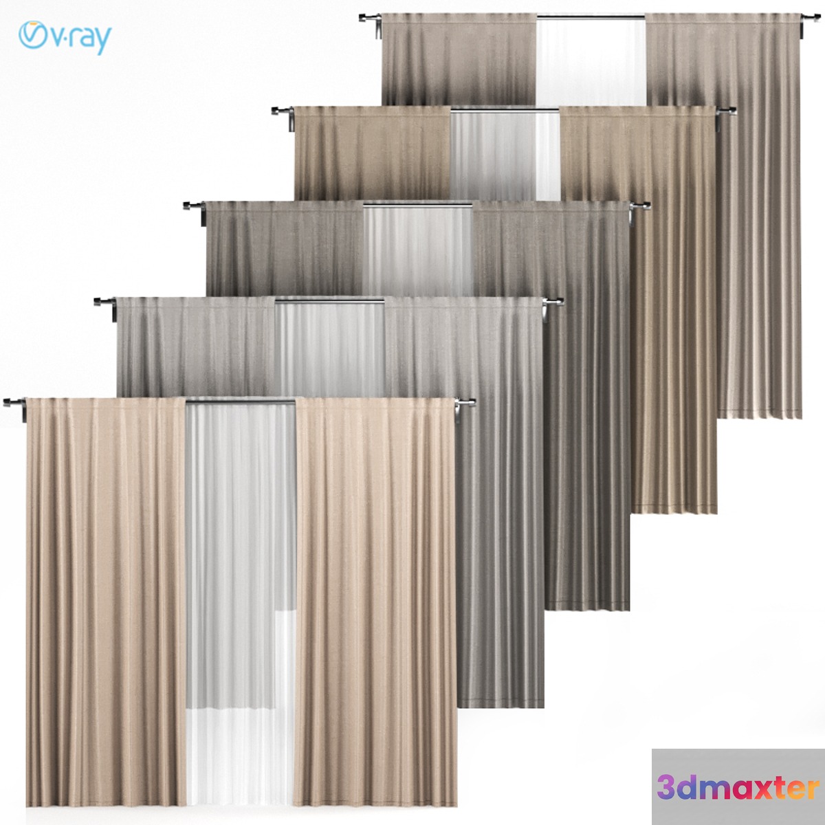 A series of five brown and gray curtains with white tulle. 3D Max