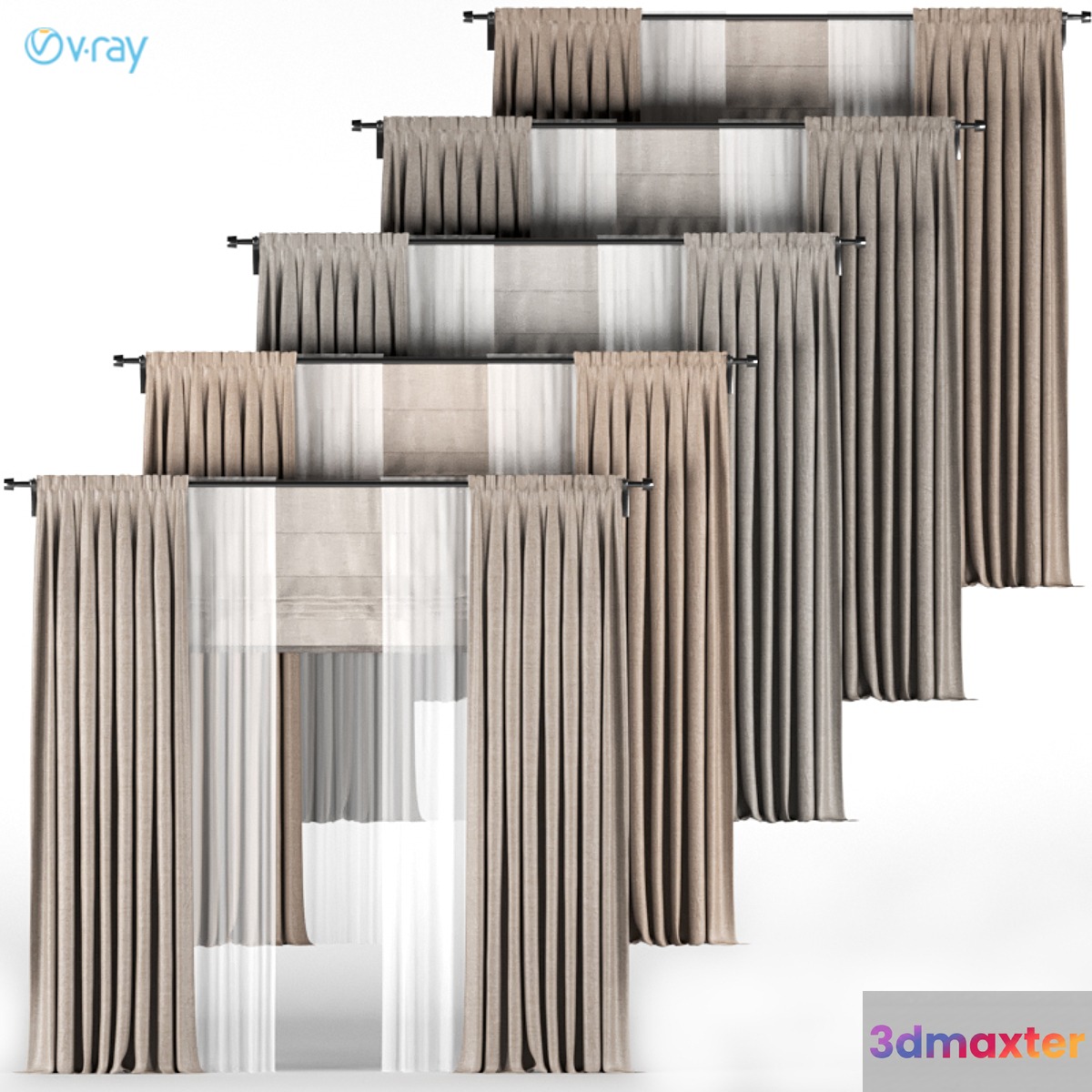 A series of brown curtains with white tulle + Roman blinds. 3D Max
