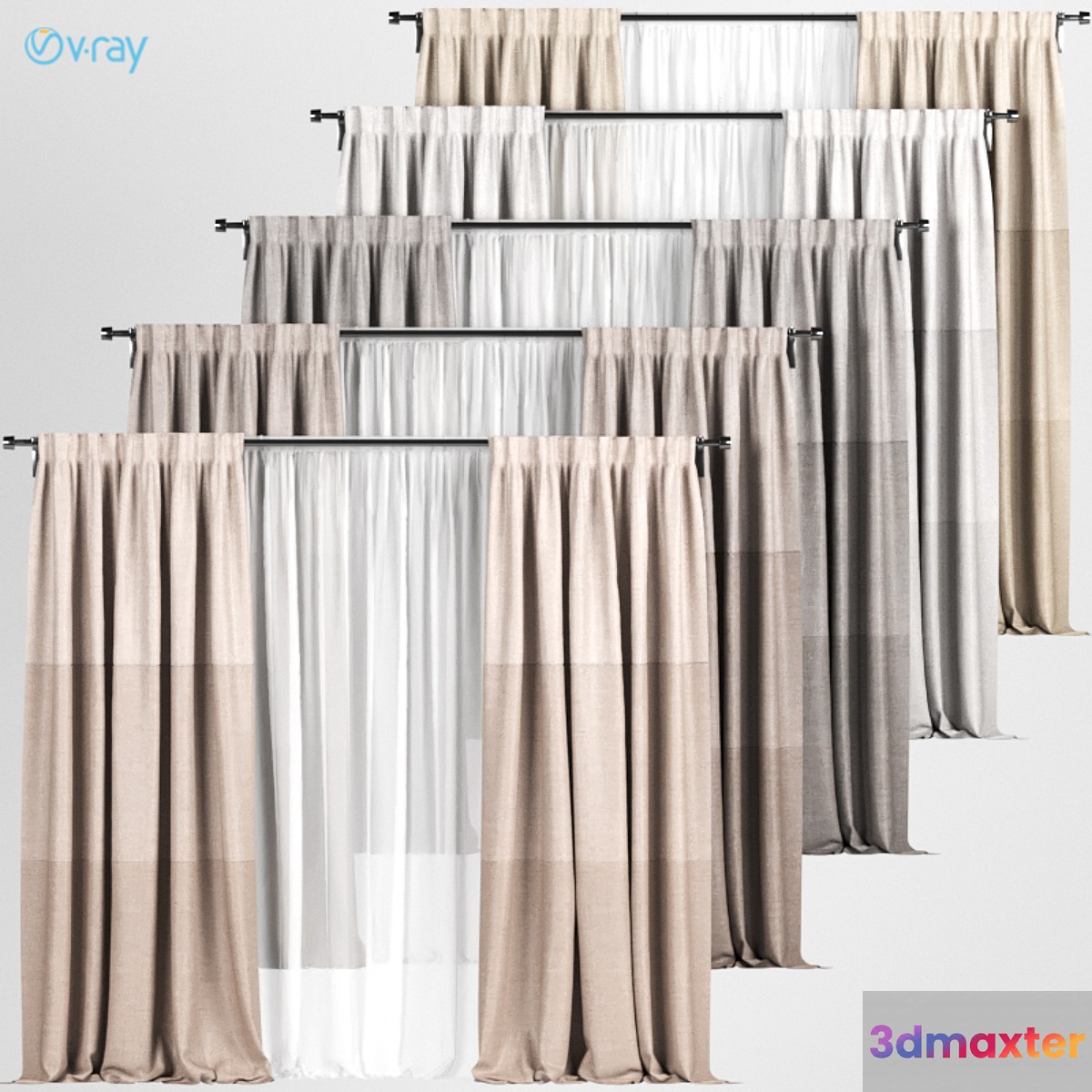A series of curtains with white tulle in different colors. 3D Max