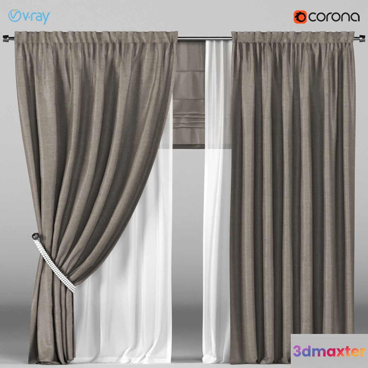 Brown curtains in the background with white tulle + Roman blinds 3D Max