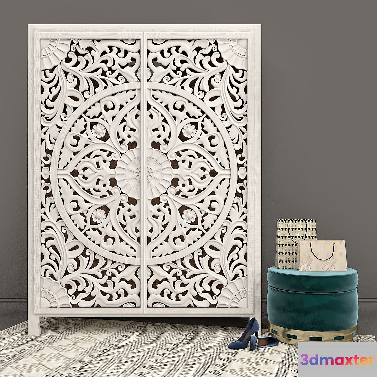Carved Lombok Armoire with Velvet Carousel Ottoman pouf by Anthropologie 3D Max