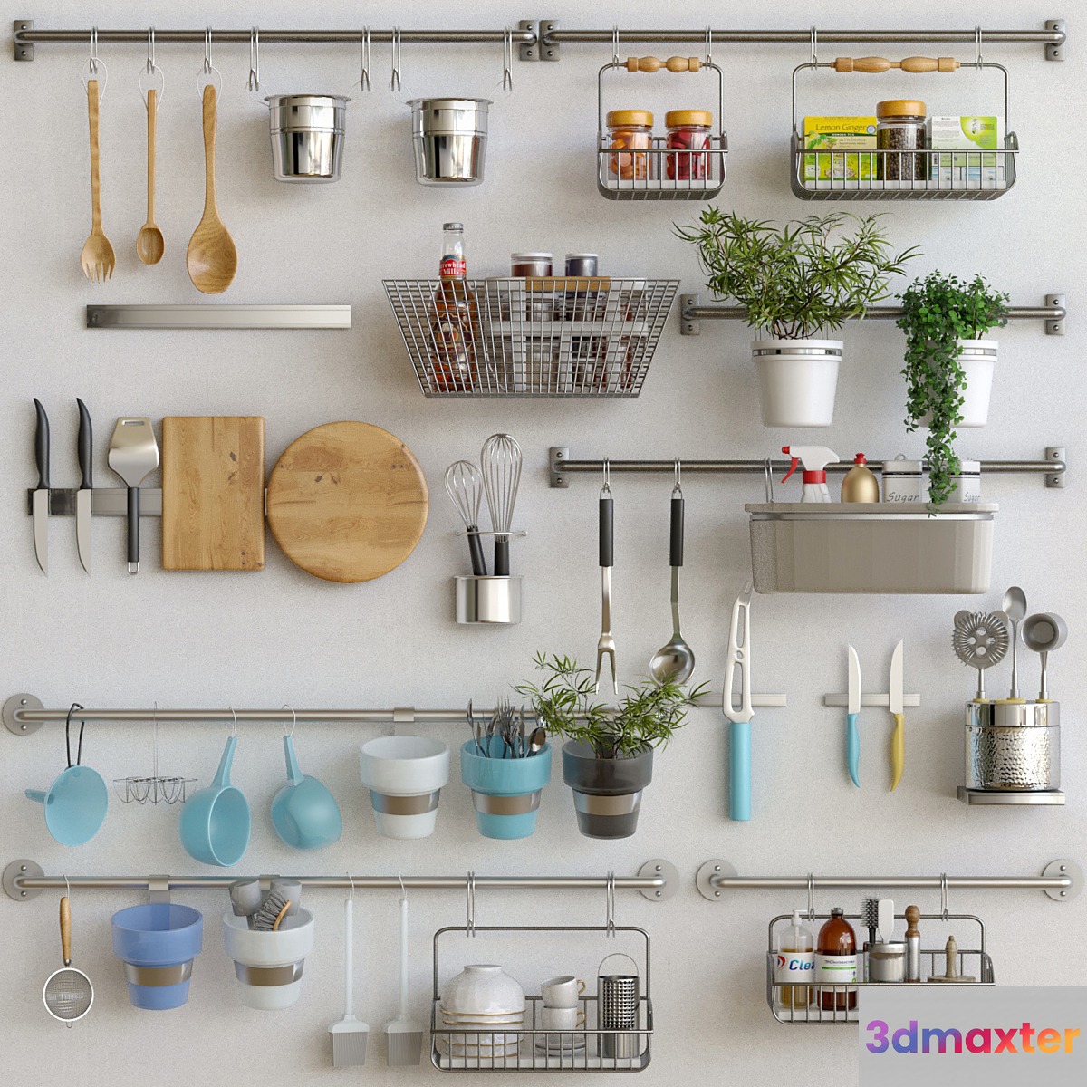 Kitchen utensils with spices groceries and flowerpots 3D Max