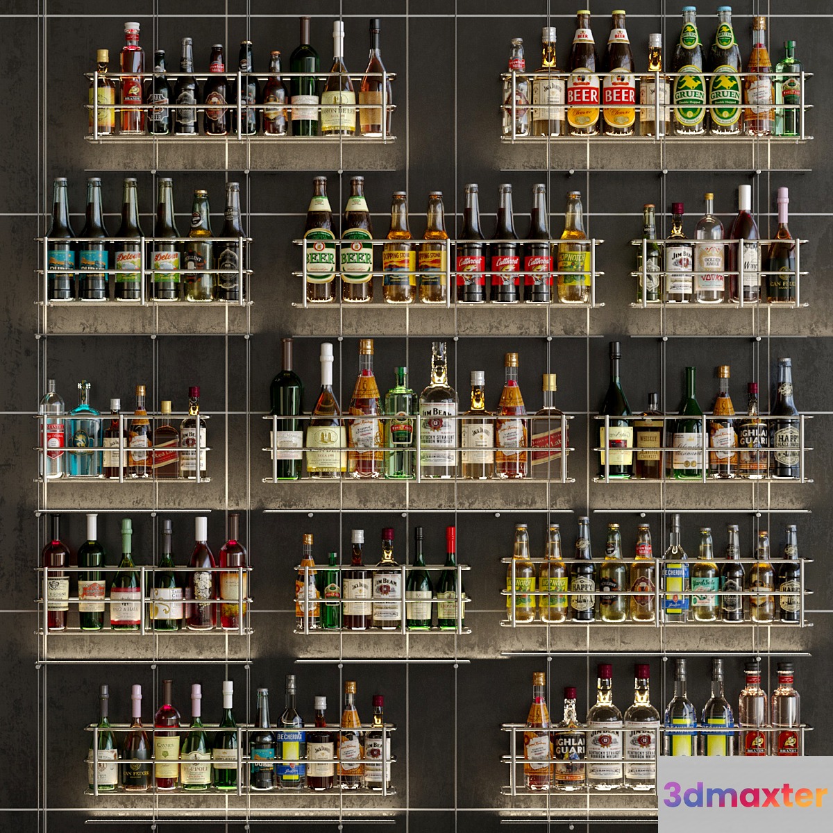 Design project of a bar or restaurant with a beautiful arrangement of bottles. Alcohol