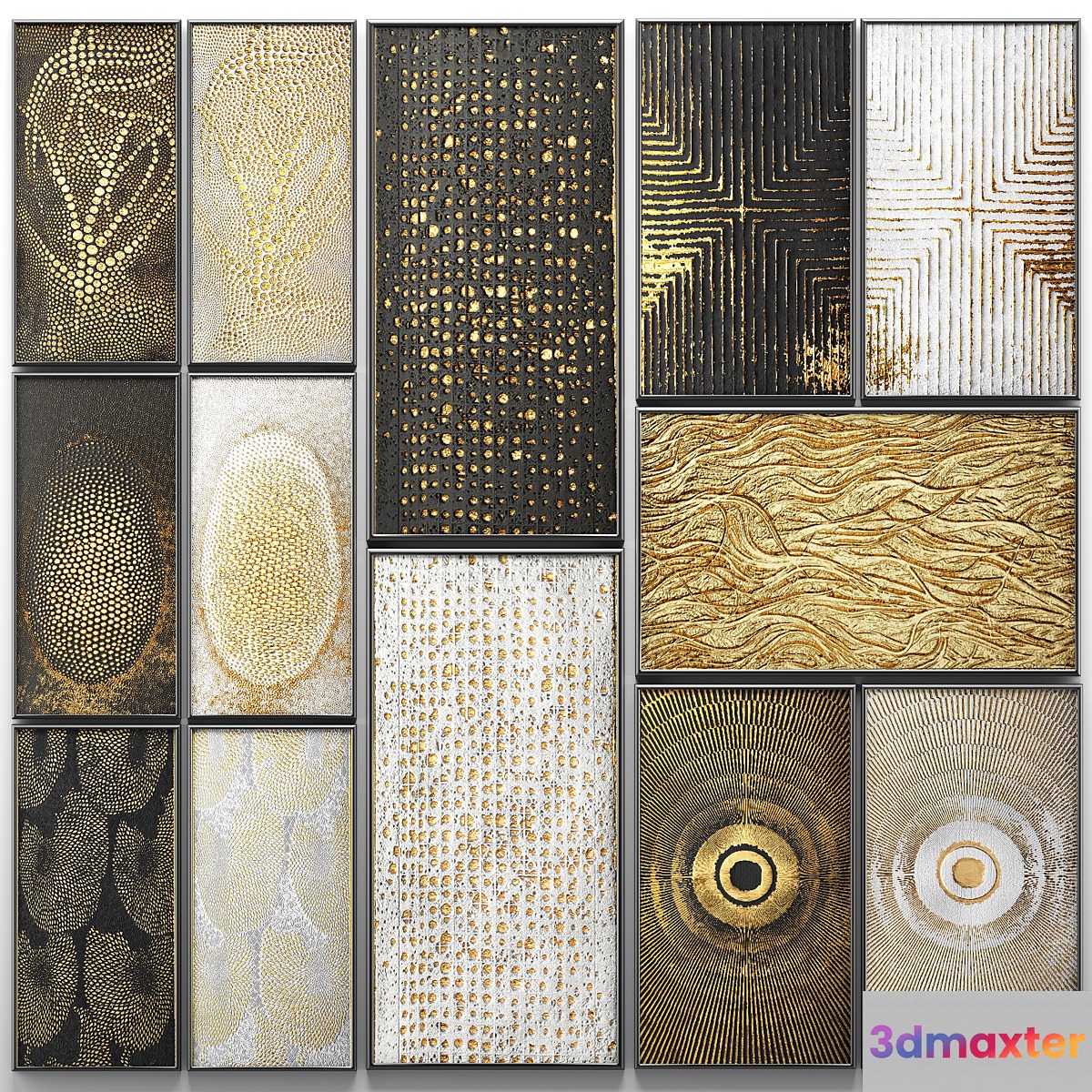 A collection of paintings. Gold. 3. wall decor a set of paintings luxury panels gold white black set decorative abstraction pattern