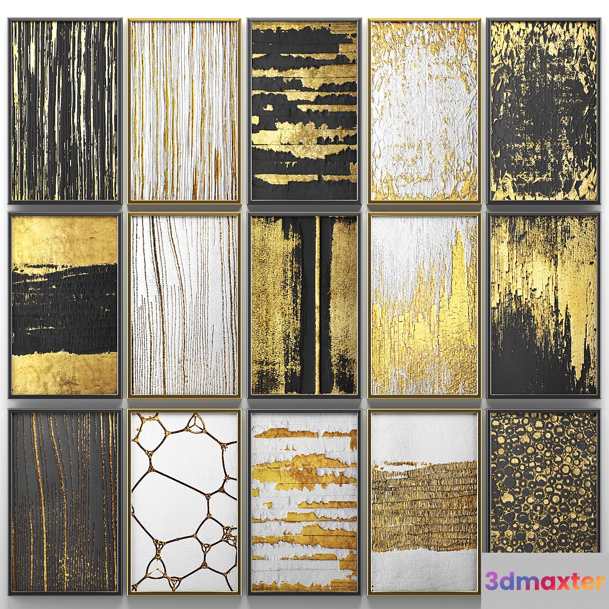 A collection of paintings. Gold. 6. wall decor a set of paintings luxury panels gold white black set decorative abstraction pattern 3D Max