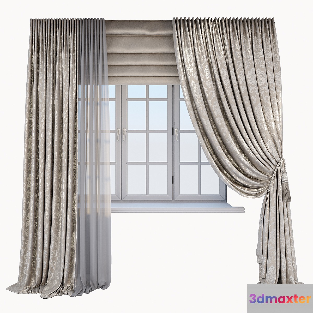 Classic beige curtains with Damascus pattern 3D Max