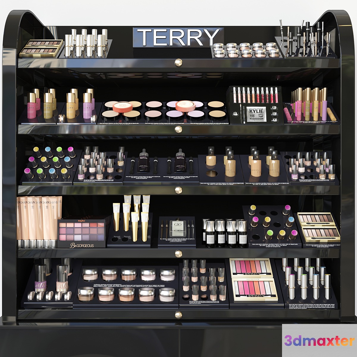 Rack with a set of professional cosmetics in a beauty salon. Make up 3D Max