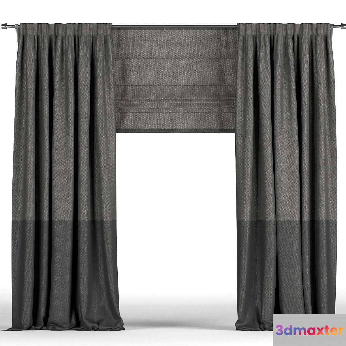 Black curtains in two shades + black Roman blinds. 3D Max