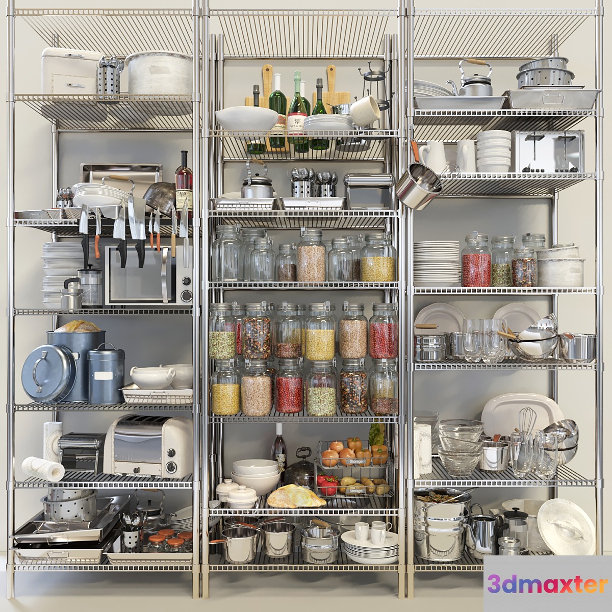 Rack for pantry with spices and kitchen utensils. Crockery and service 3D Max