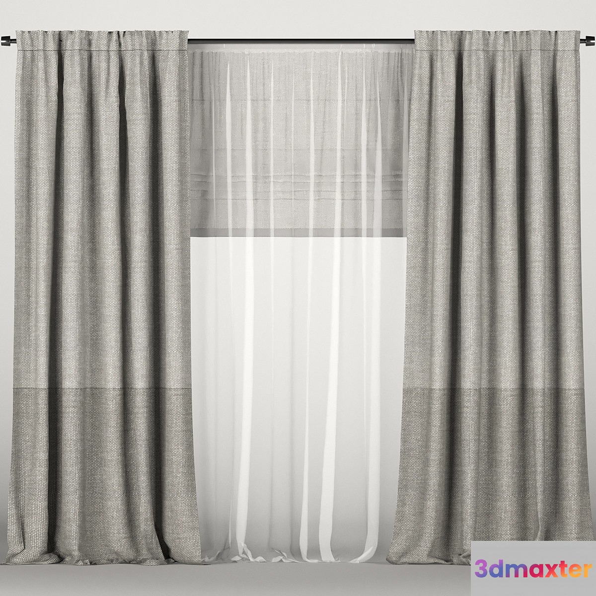 Gray curtains with tulle and roman blinds. 3D Max