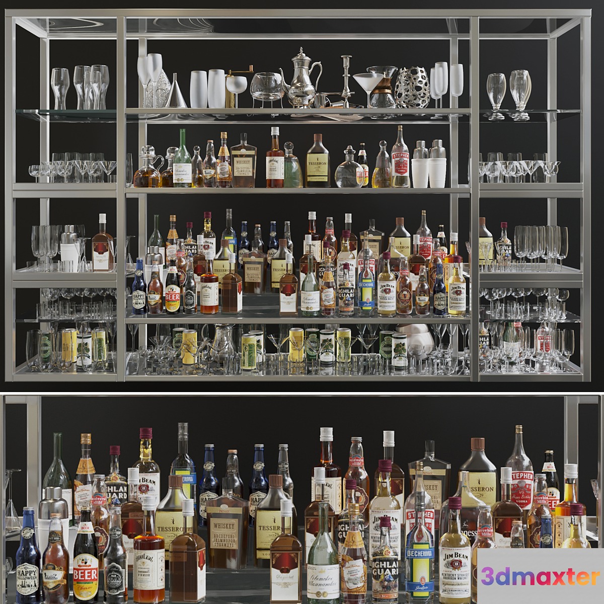 Large bar showcase with strong alcohol. The pub