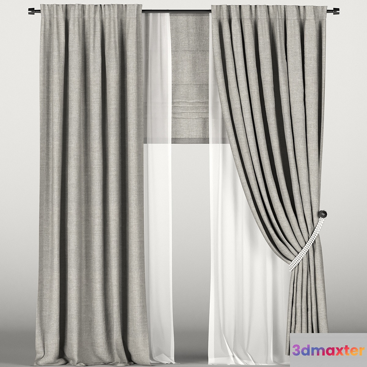 Brown curtains in the background with tulle and a Roman curtain. 3D Max