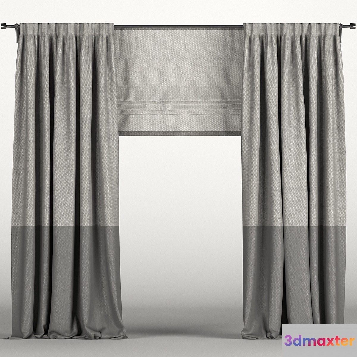Gray curtains in two shades with a Roman curtain. 3D Max