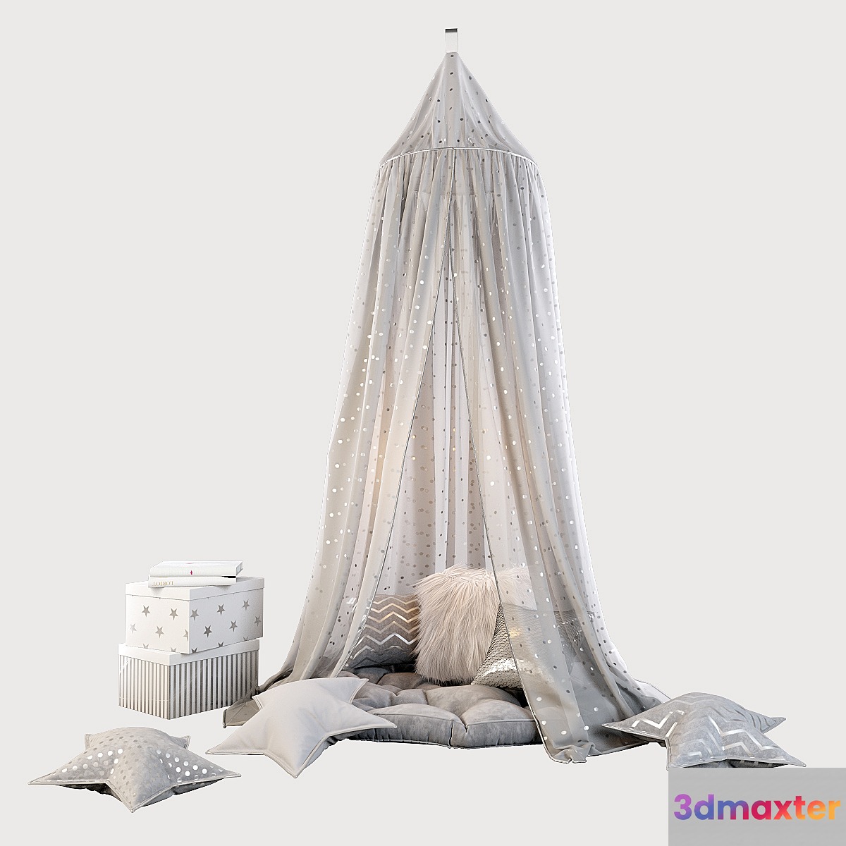 Children's canopy and decor in shades of gray