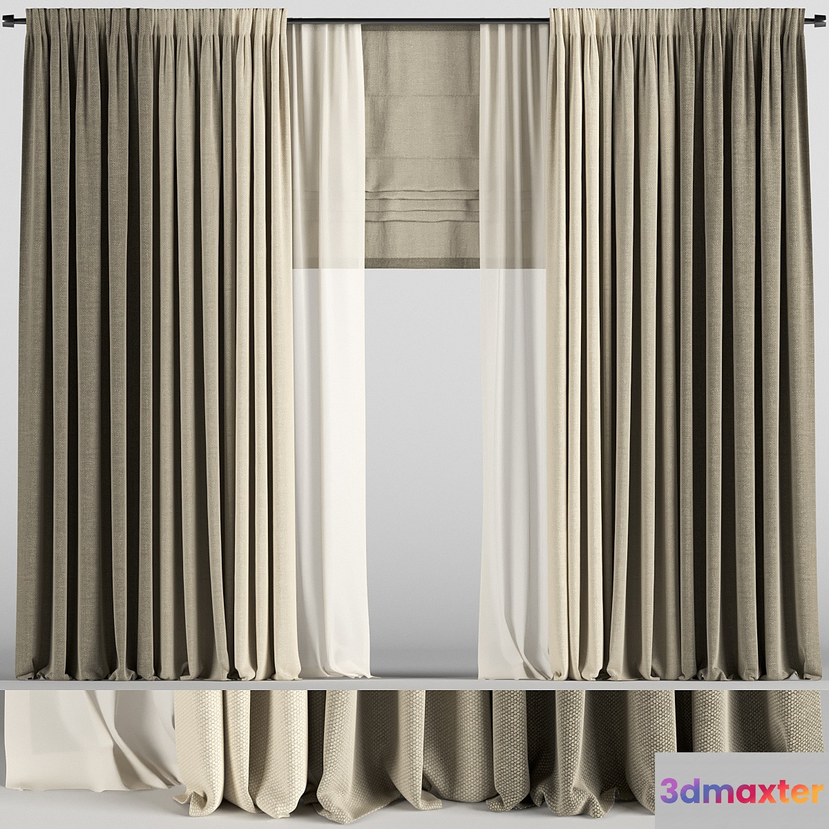 Curtains in three colors with tulle and roman blinds. 3D Max
