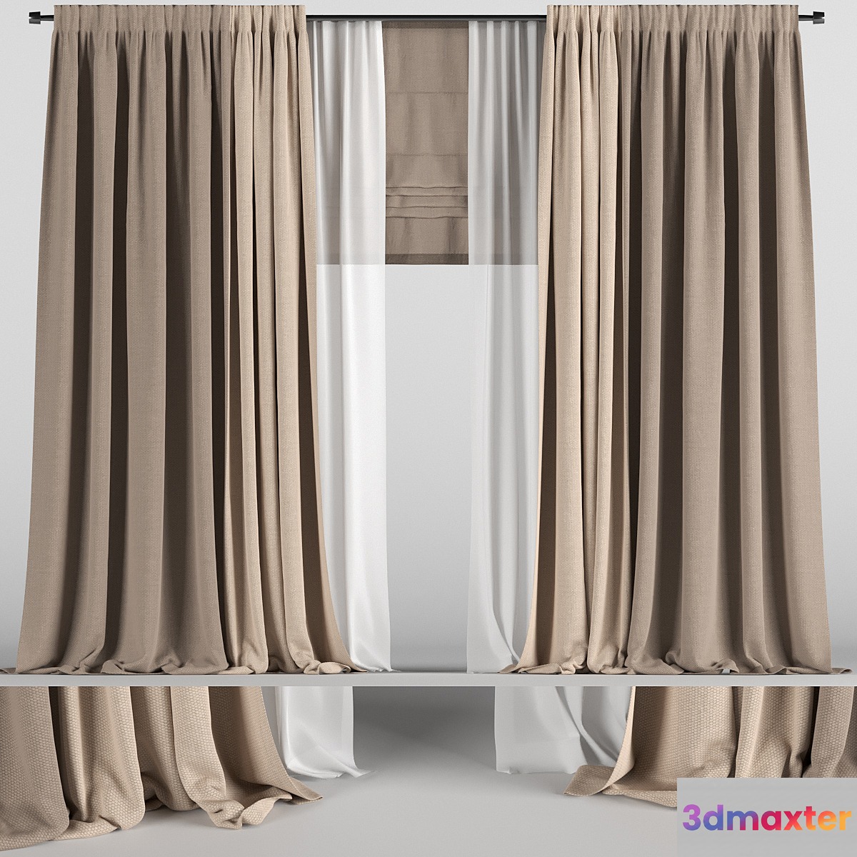 Brown curtains in two colors with tulle and roman blinds. 3D Max
