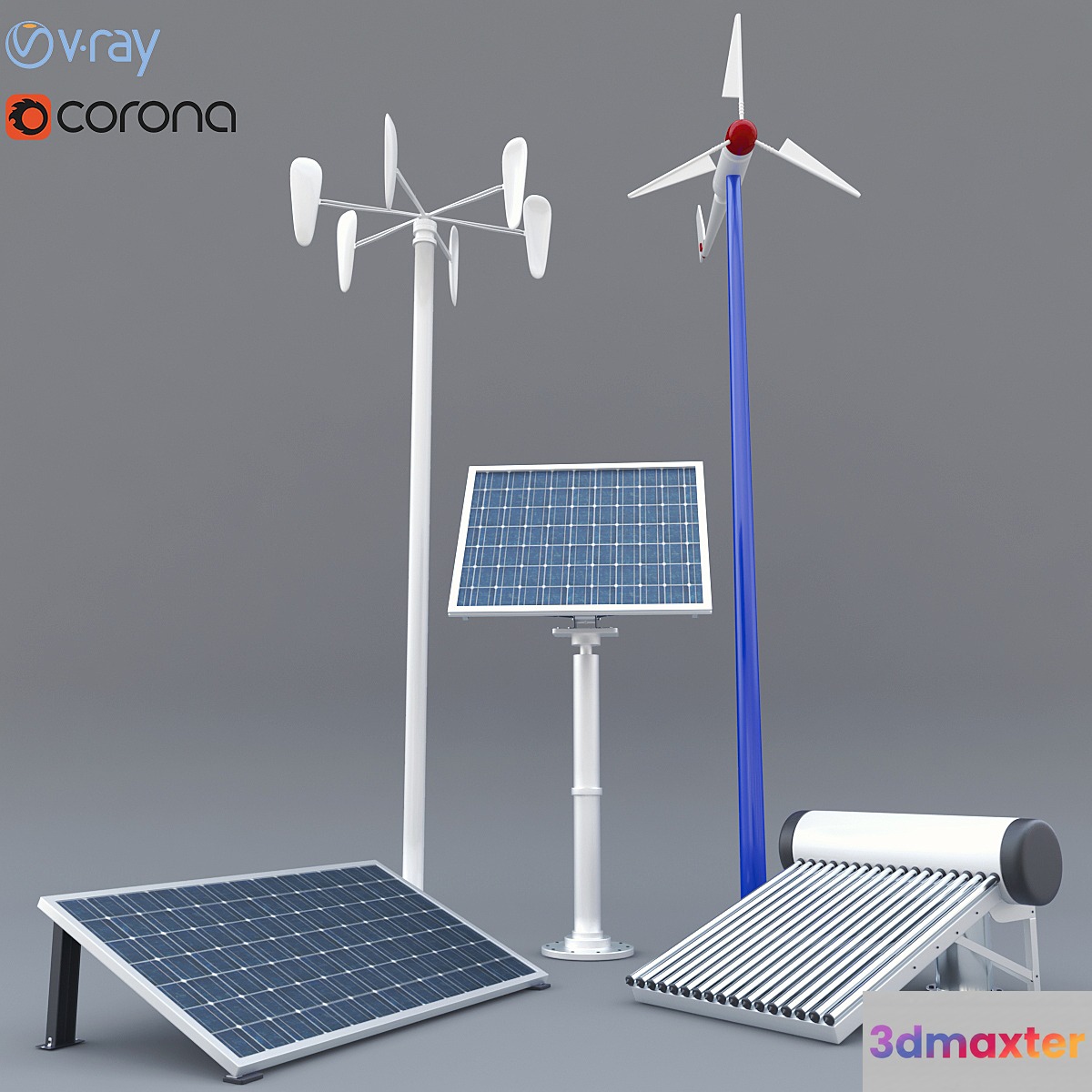 solar panel solar heater and wind turbine