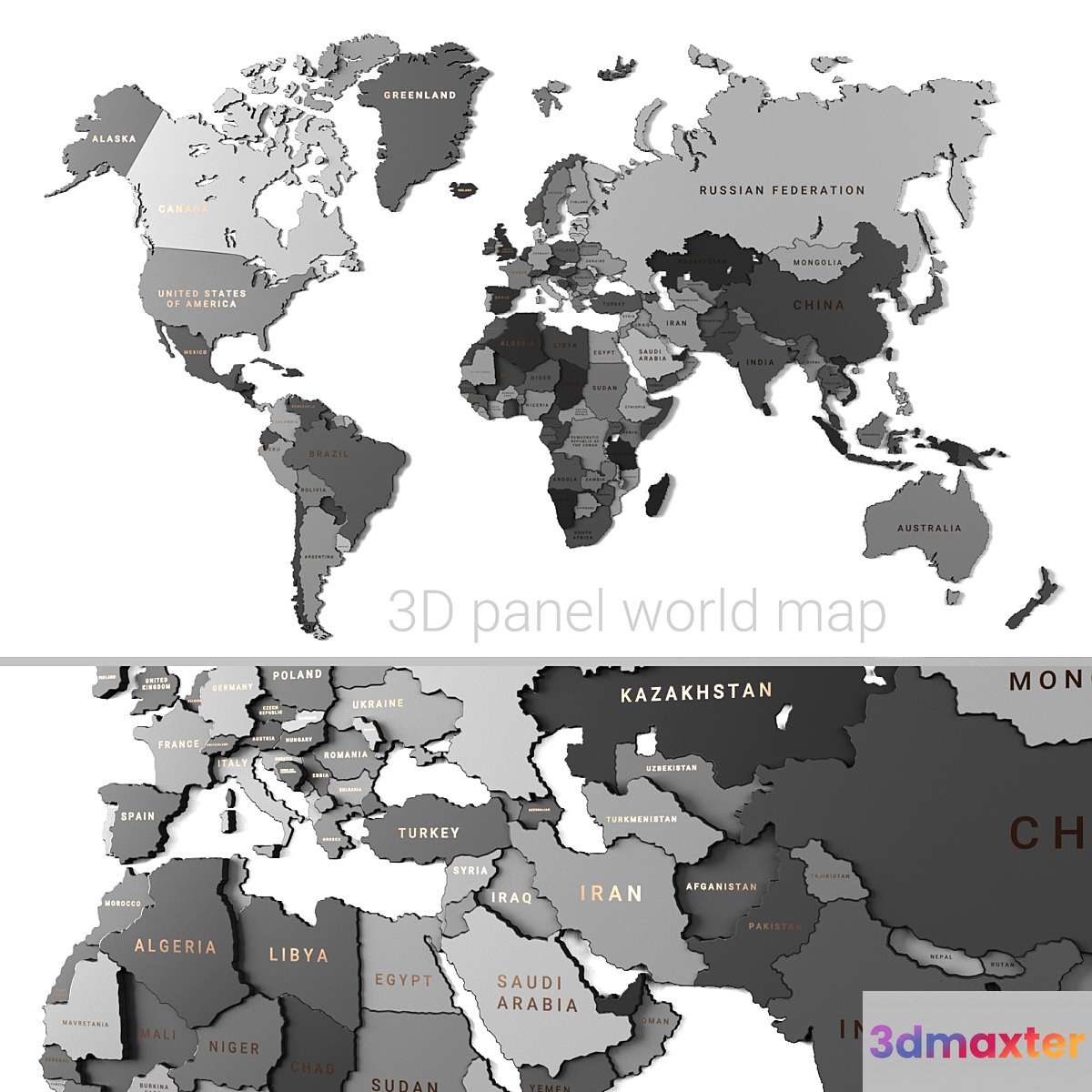 Wooden panel - world map GRAY - No.2