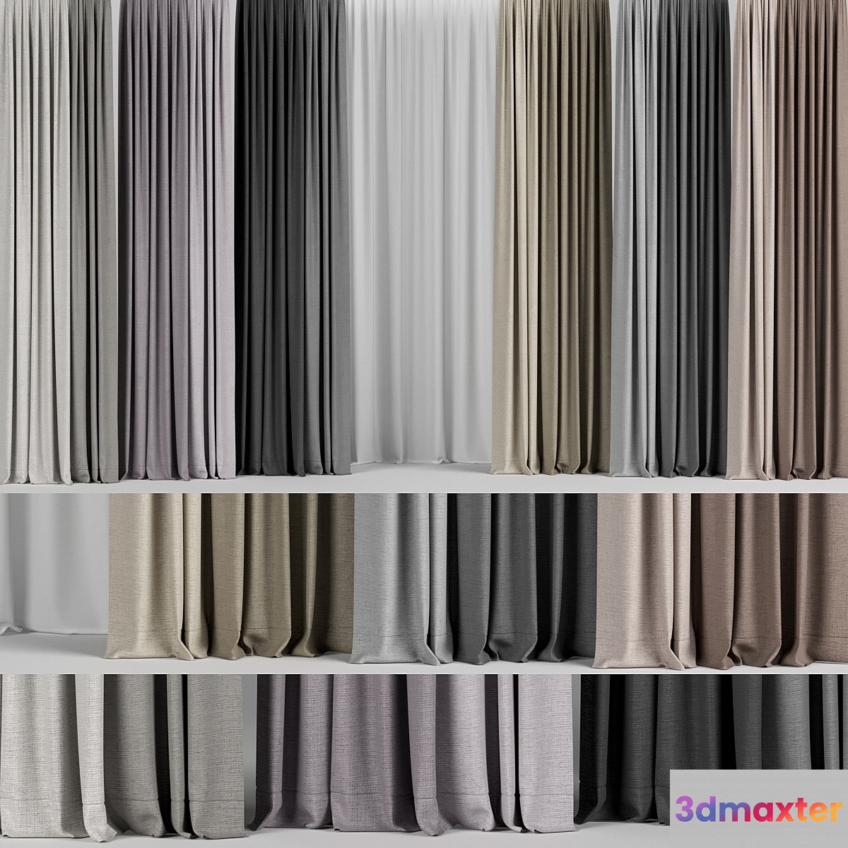 A set of curtains in different colors + tulle. 3D Max