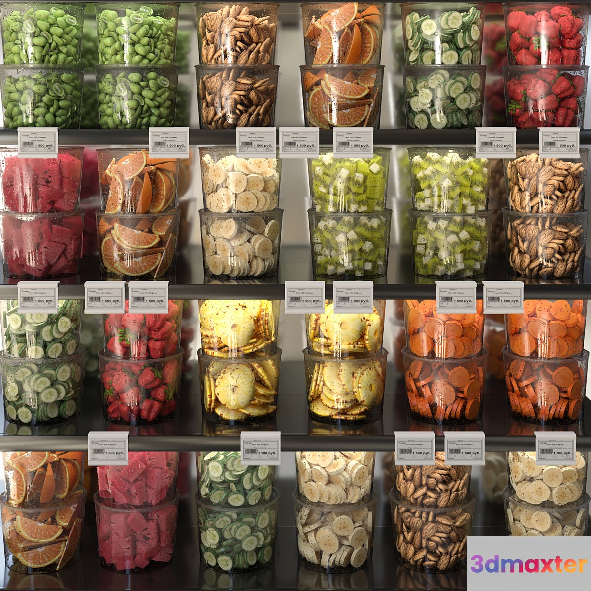 A set of fruits and vegetables cut into cubes. Fruits vegetables 3D Max