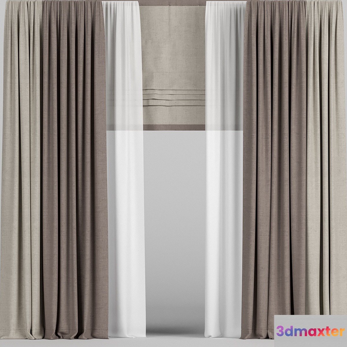 Curtains in two colors with tulle and roman blinds. 3D Max