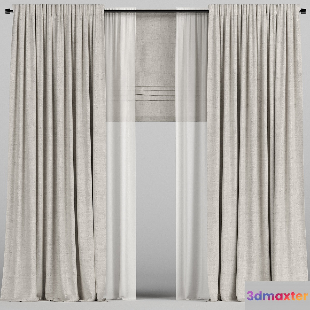 Beige curtains with tulle and roman blinds.