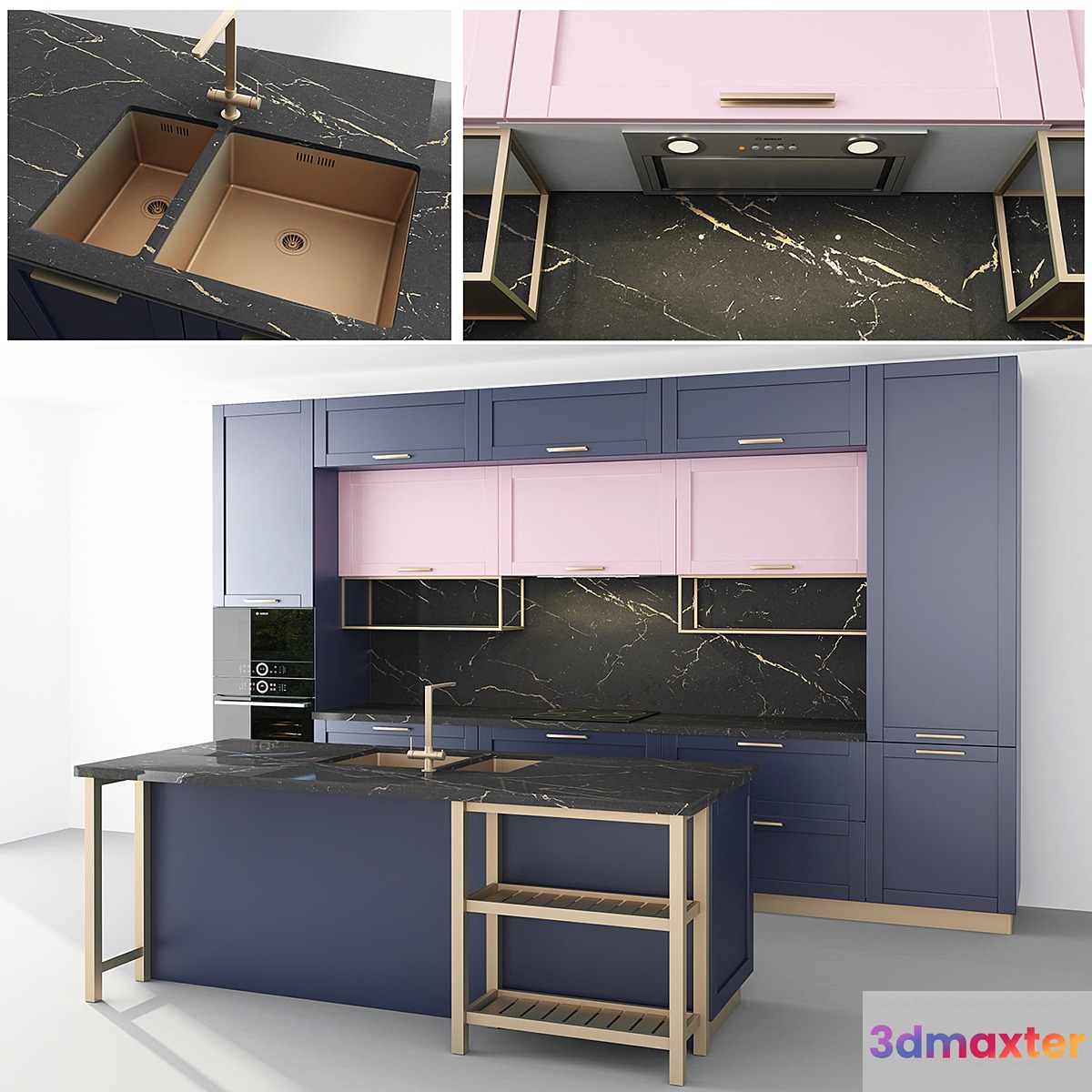 Blue kitchen with an island 3D Max