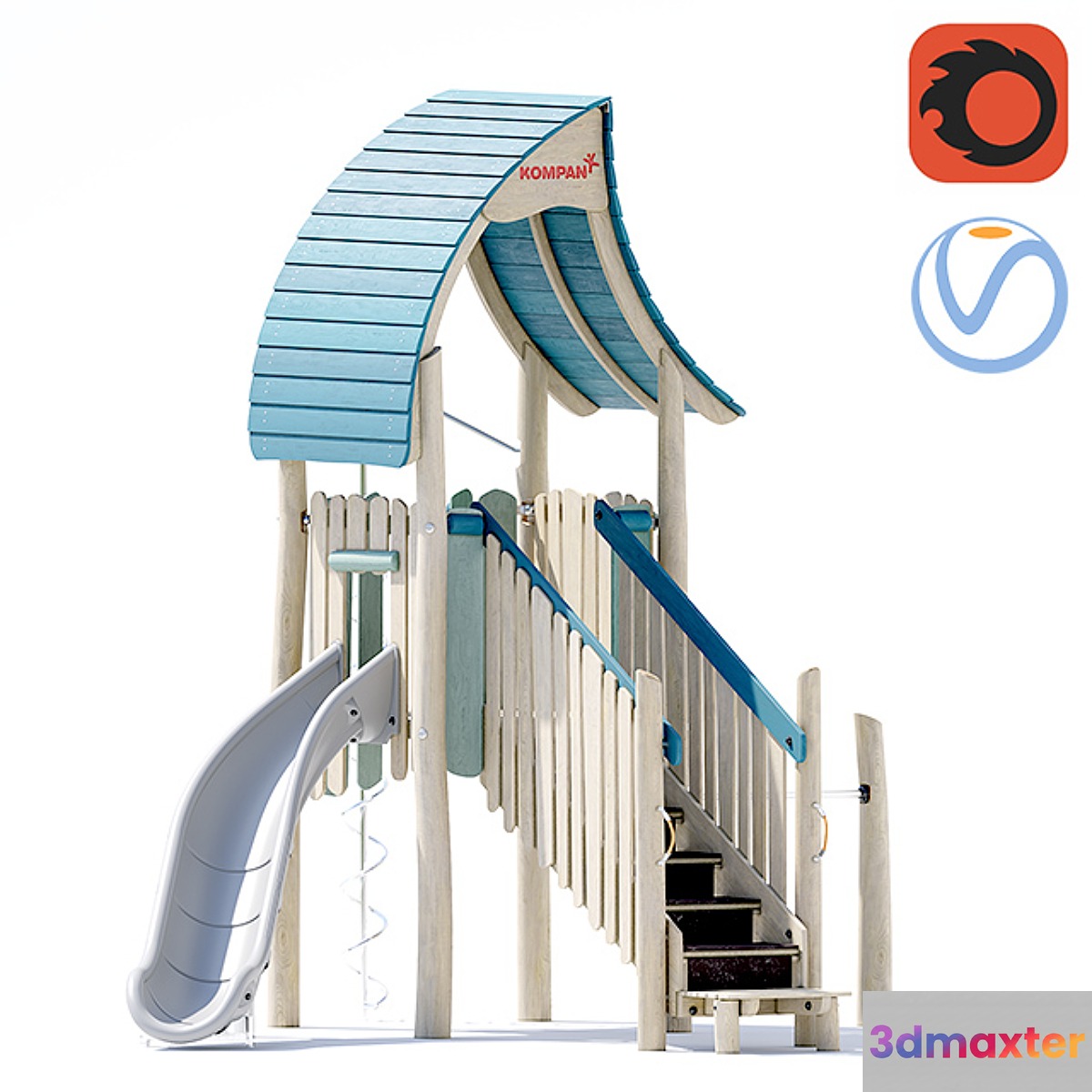 Kompan.Play tower with slide & curly climber. NRO1021