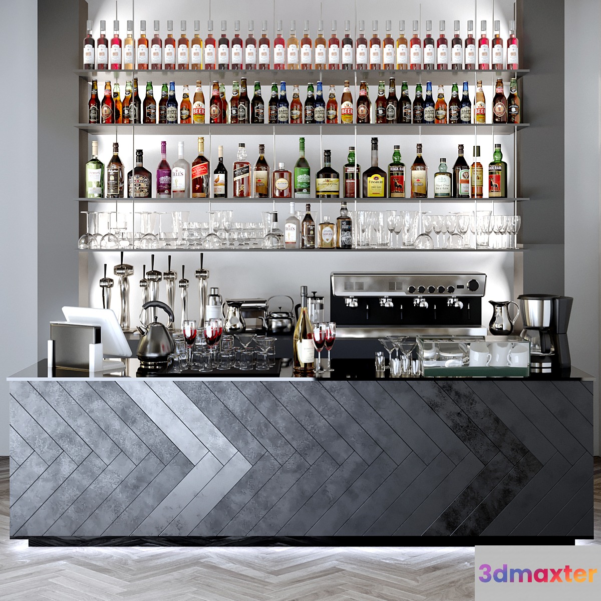 Bar counter with a collection of alcohol. Alcohol bar - No.4