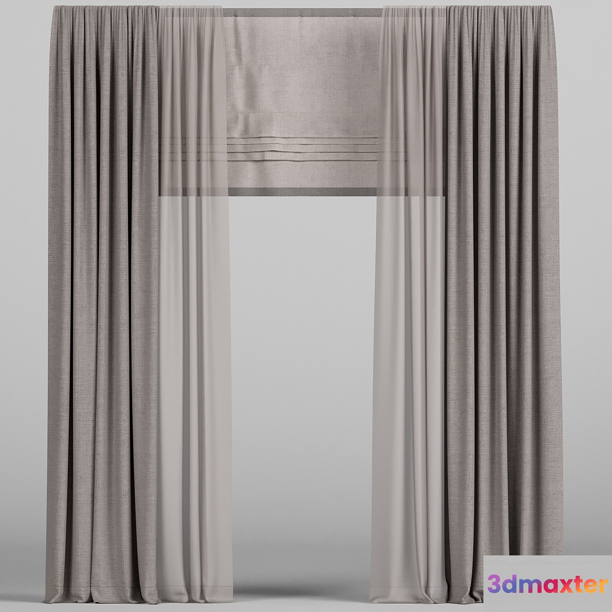 Brown curtains with tulle and roman blinds. 3D Max