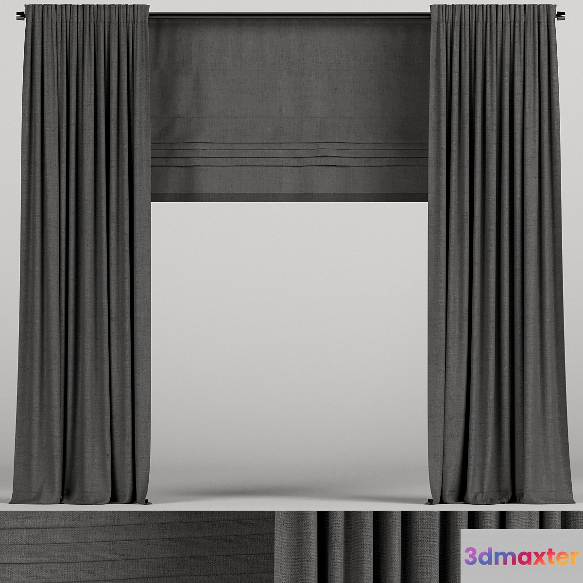 Dark curtains with roman blinds. 3D Max