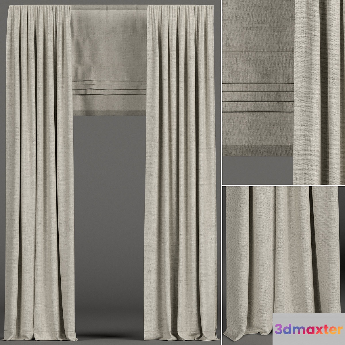 Narrow beige curtains with roman shades. 3D Max
