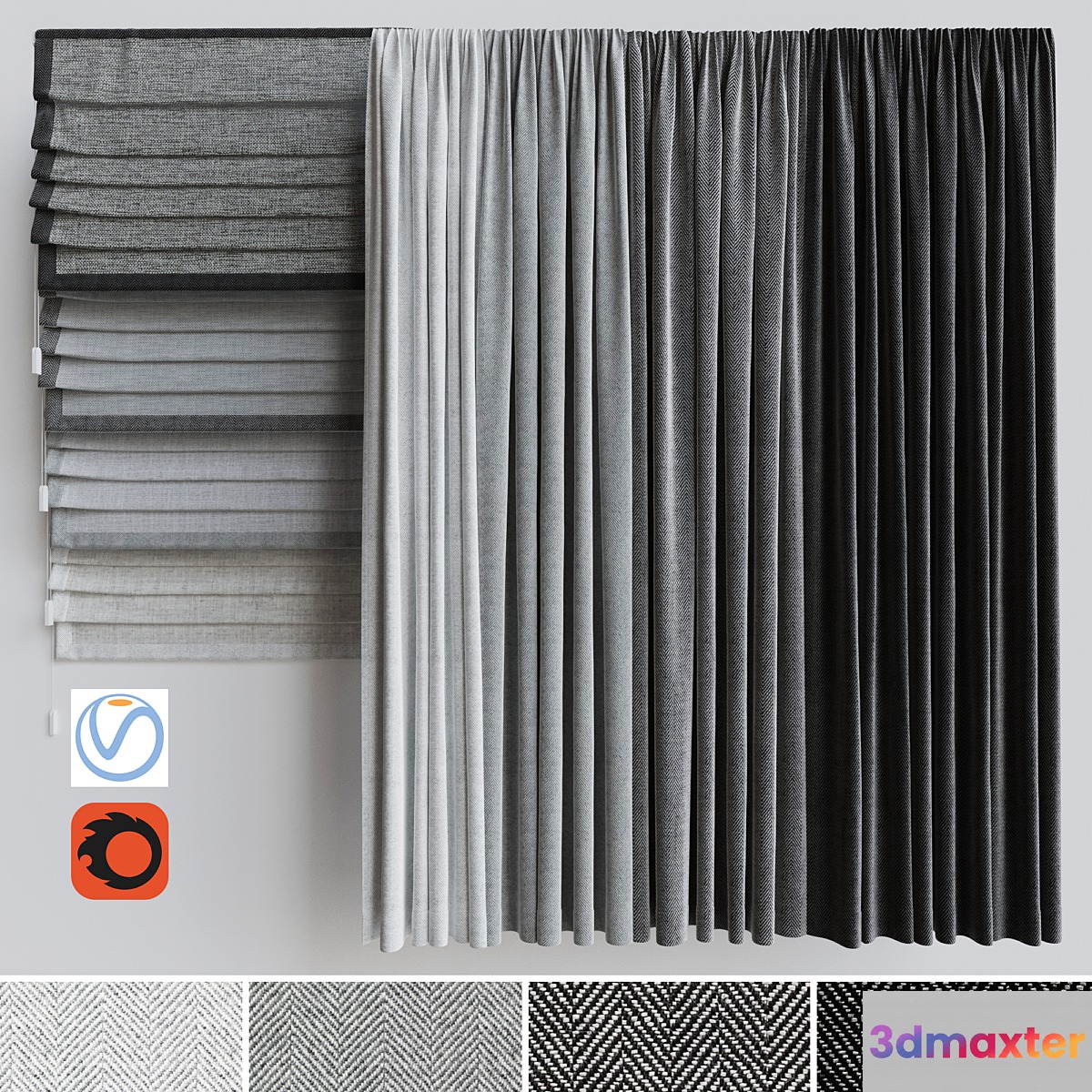 A set of curtains + a set of Roman curtains 1. Gray scale - No.3