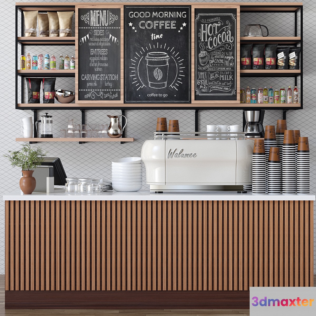 Design project of a cafe in ethnic style with a coffee machine and accessories on the shelves - No.3