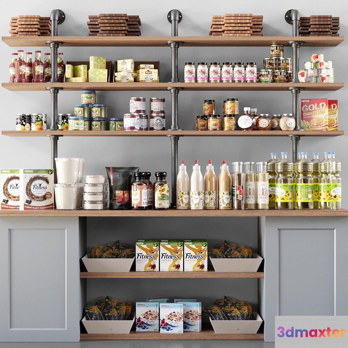 Showcase in a supermarket with spices sauces and cereals 11 3D Max