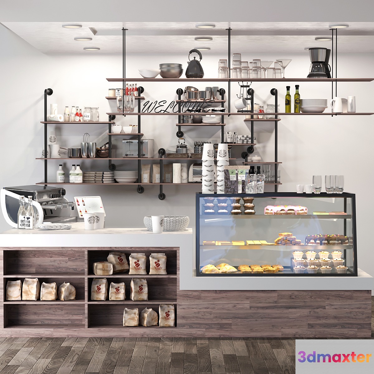 Cafe in loft style with a showcase with desserts and sweets 3. Coffee point