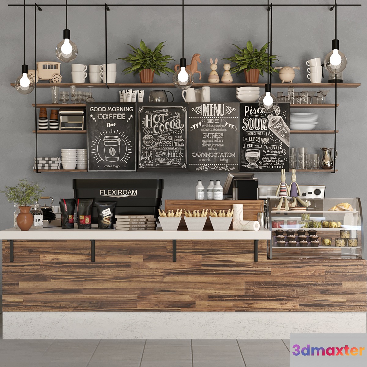 Design project of a coffee point with desserts sweets and a coffee machine. coffee house