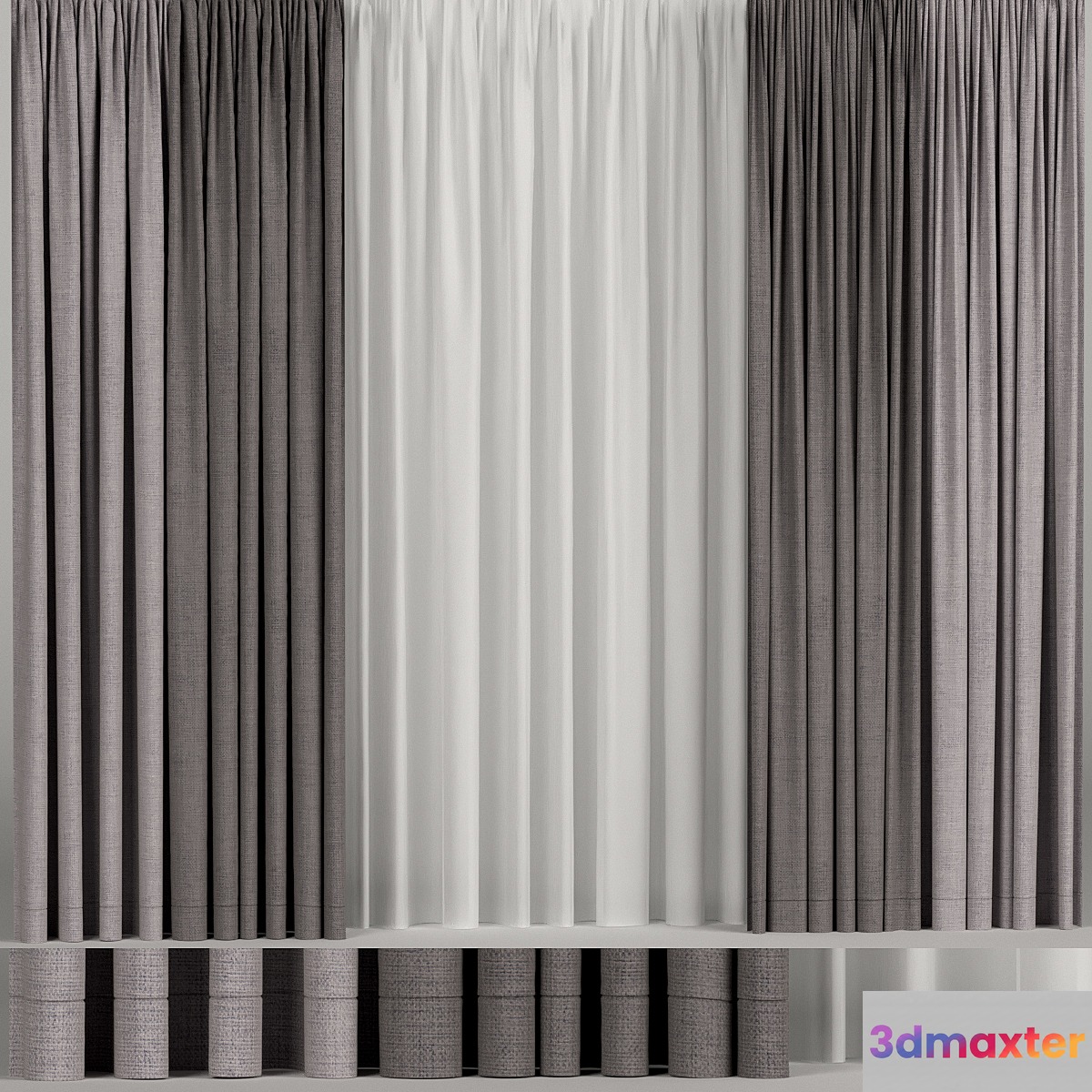 Wide brown curtains with tulle. - No.2 3D Max