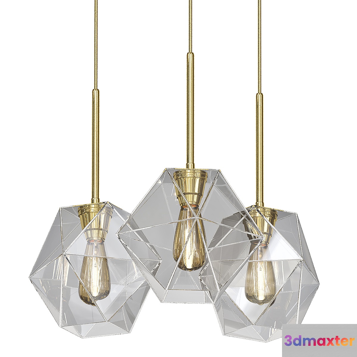 Sculptural Glass 3-Light Faceted Chandelier - Clear 3D Max