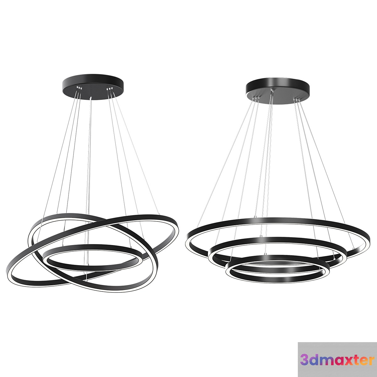Modern 32-Inch Triple Ring LED Pendant Light Black Finish 3D Max
