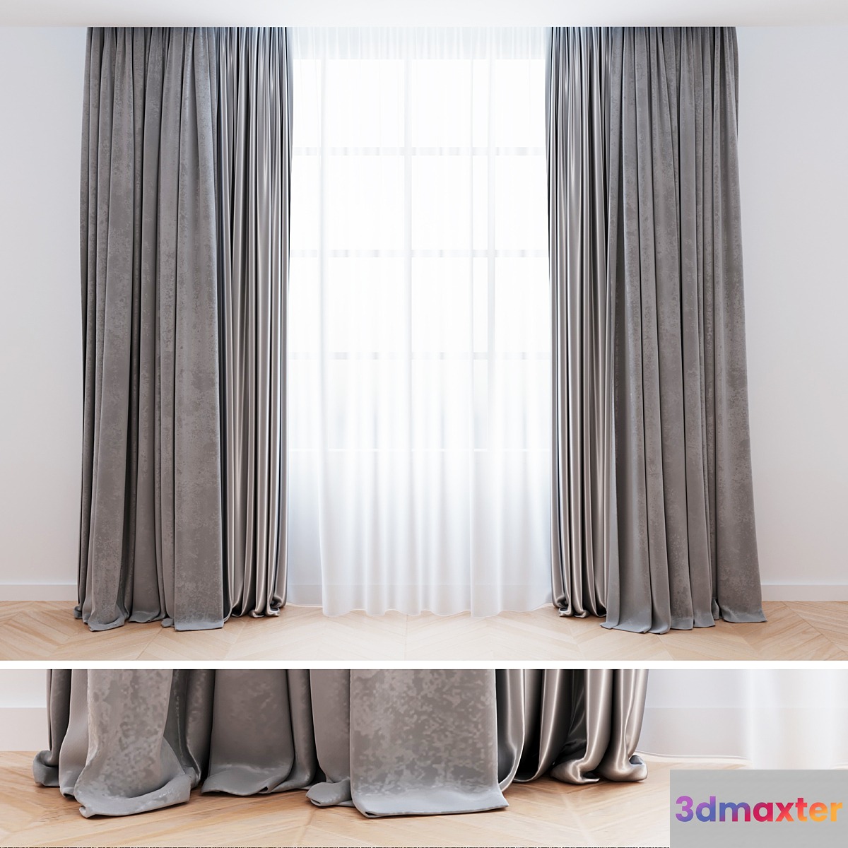 Curtains gray velvet with tulle | Curtains are modern 3D Max
