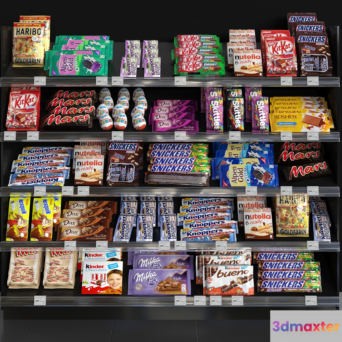 Showcase in a supermarket with sweets chocolate and other sweets