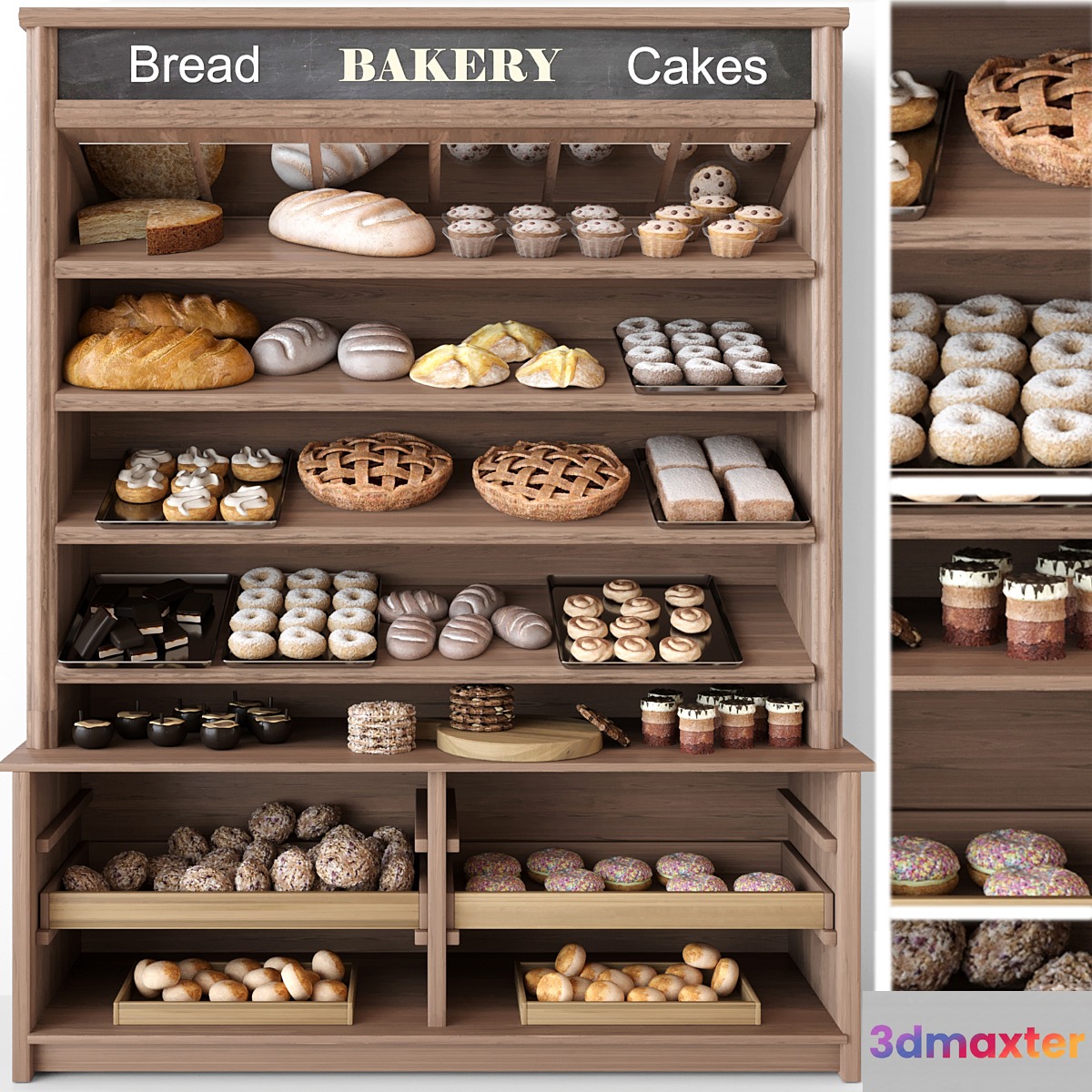 Showcase in a bakery with pastries and desserts. Sweets