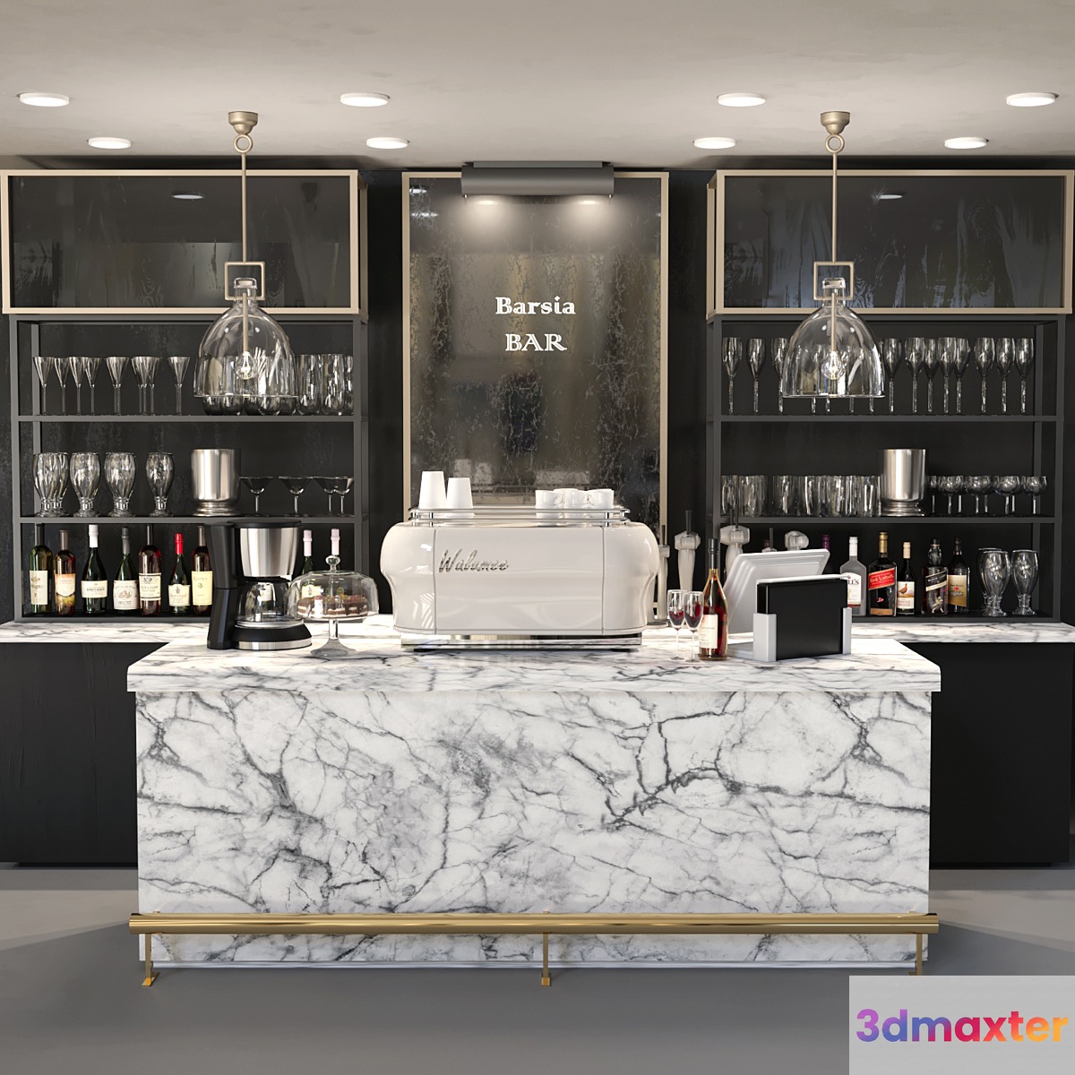 Design project of a bar with a marble bar and wine. Alcohol