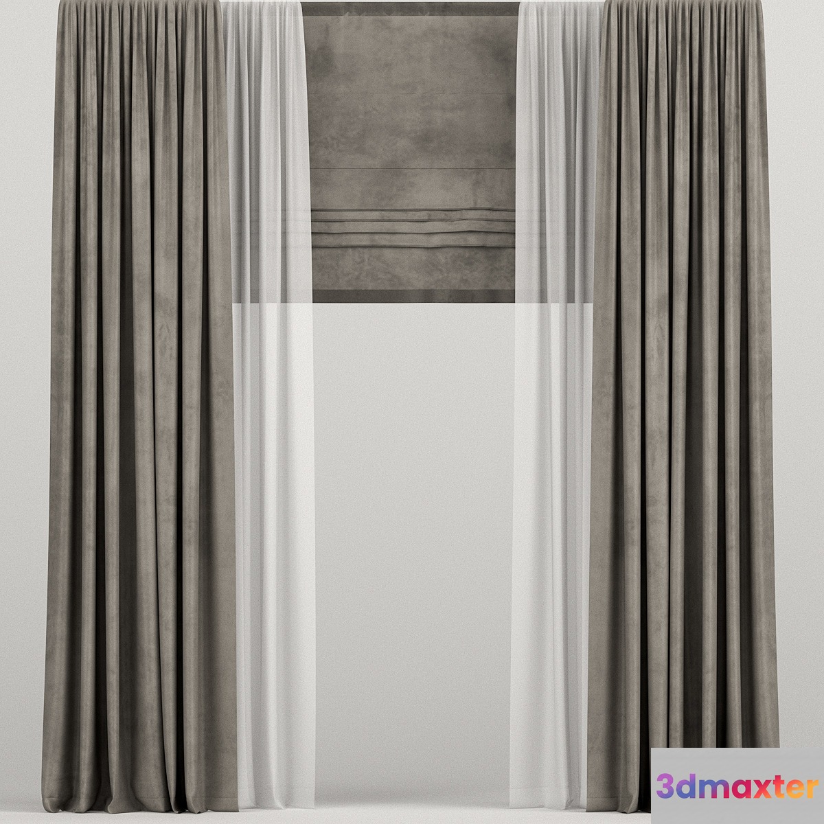 Velvet brown curtains with Roman and tulle. 3D Max